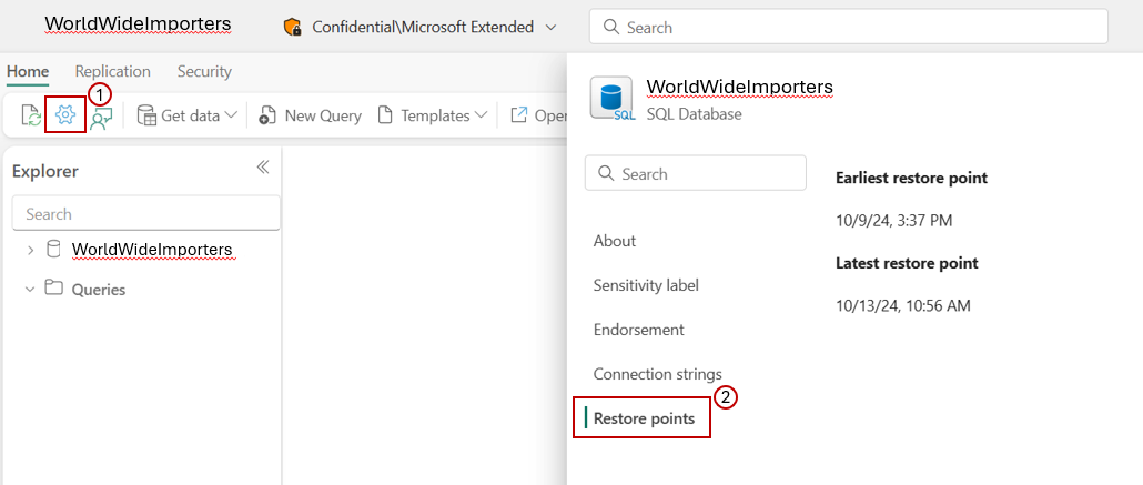 Screenshot from the Fabric portal showing restore points for a SQL database.