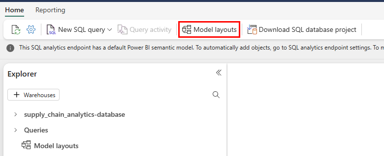 Screenshot from the Fabric portal of the SQL database explorer and menu. The Model layouts button is highlighted.