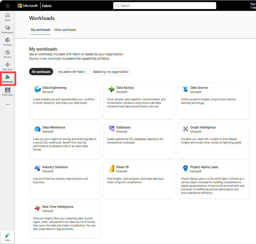 Screenshot of Workloads selected from the nav pane.