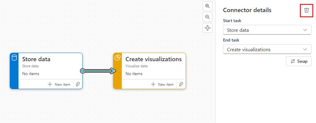 Screenshot showing how to delete a connector on the connector details pane.