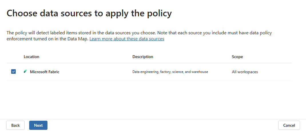 Screenshot of choose data source page in protection policy configuration.