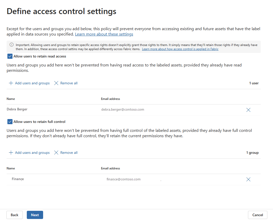 Screenshot of define access controls page in protection policy configuration.