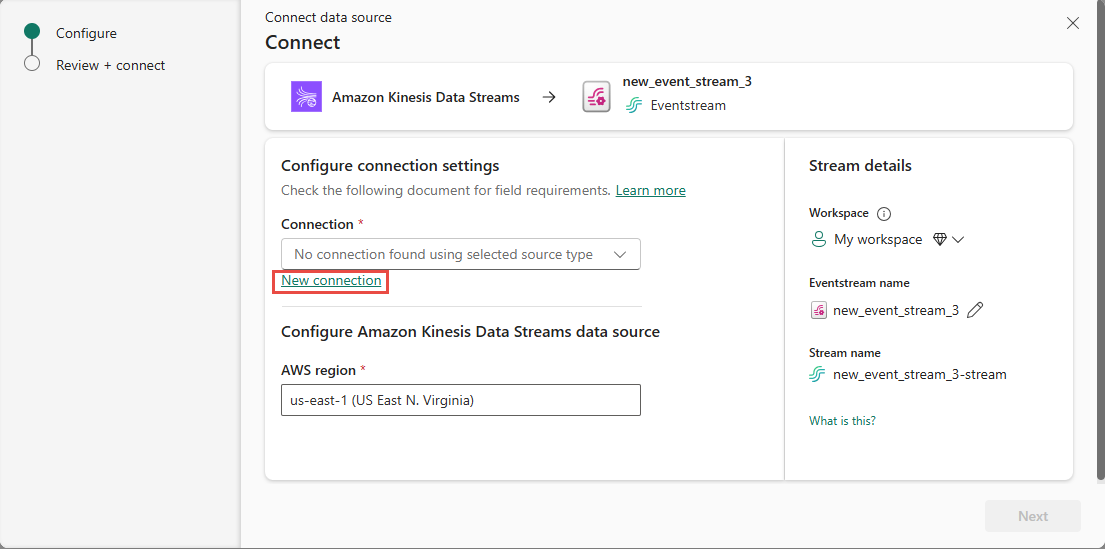 Screenshot that shows the Connect page with the New connection highlighted.