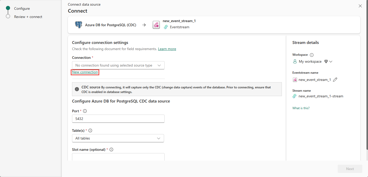 Screenshot that shows the Connect page for an Azure PostgreSQL database with New connection link highlighted.