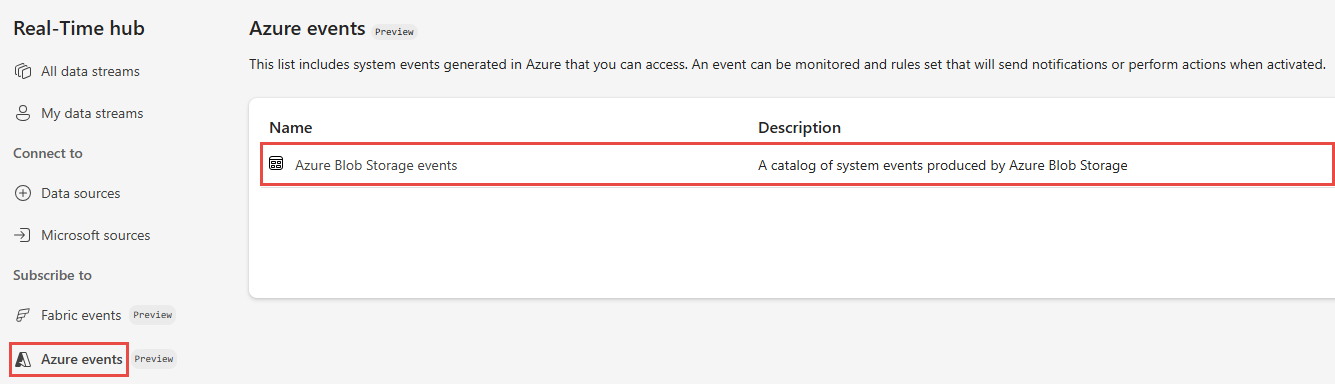 Screenshot that shows the selection of Azure blob storage events in the Azure events page.