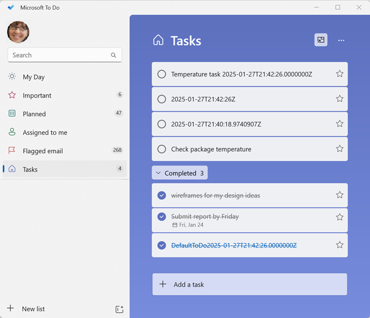 Screenshot of the Microsoft To Do screen showing the new tasks.