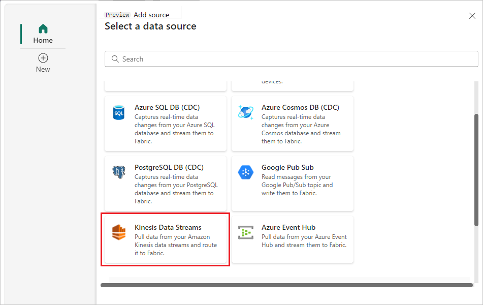 A screenshot of selecting Kinesis Data Streams.