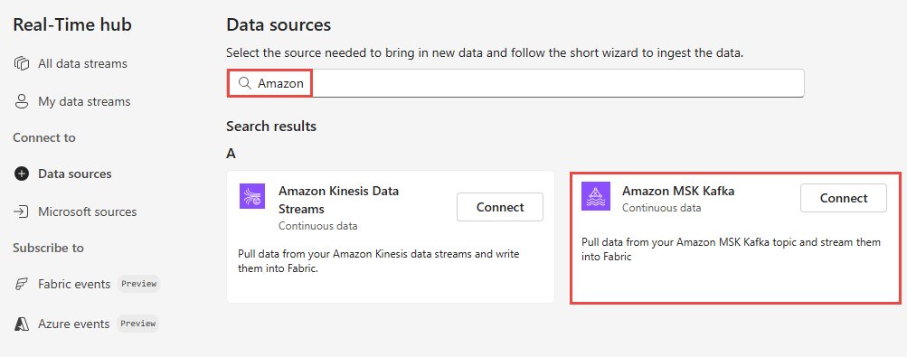 Screenshot that shows the selection of Amazon MSK Kafka as the source type in the Get events wizard.