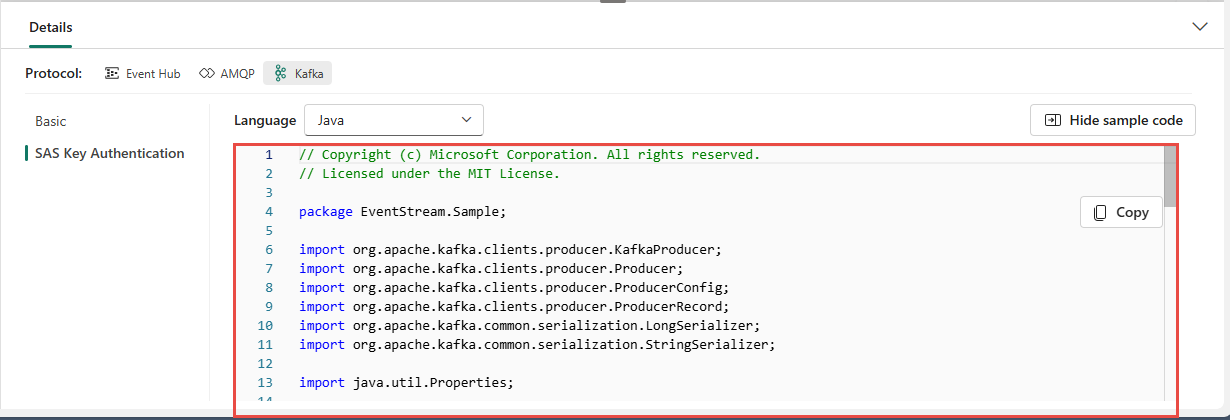 Screenshot that shows Kafka sample code on the Details pane of the eventstream live view.