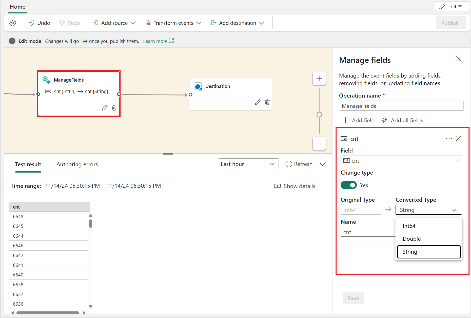 Screenshot showing the Manage fields operator available in the event processor editor.