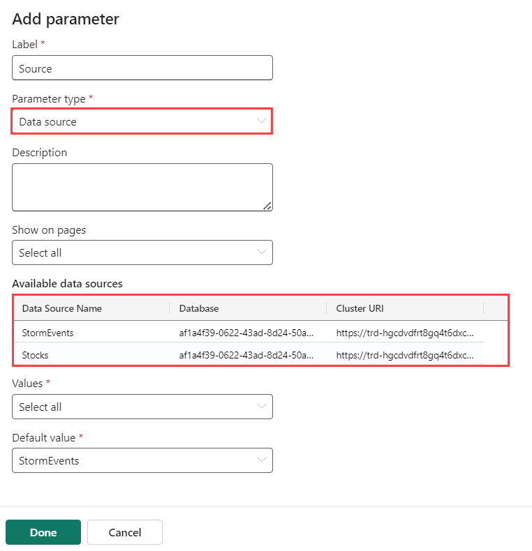 Screenshot of data source parameters.