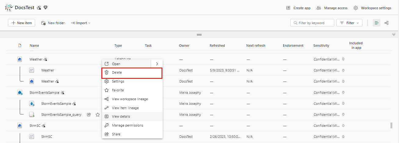 Screenshot of Microsoft Fabric workspace showing the resources created from the sample gallery. The more menu option titled delete is highlighted.