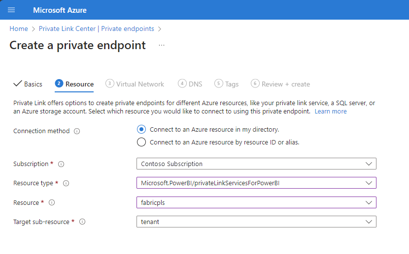 Screenshot of the create a private endpoint resource window.