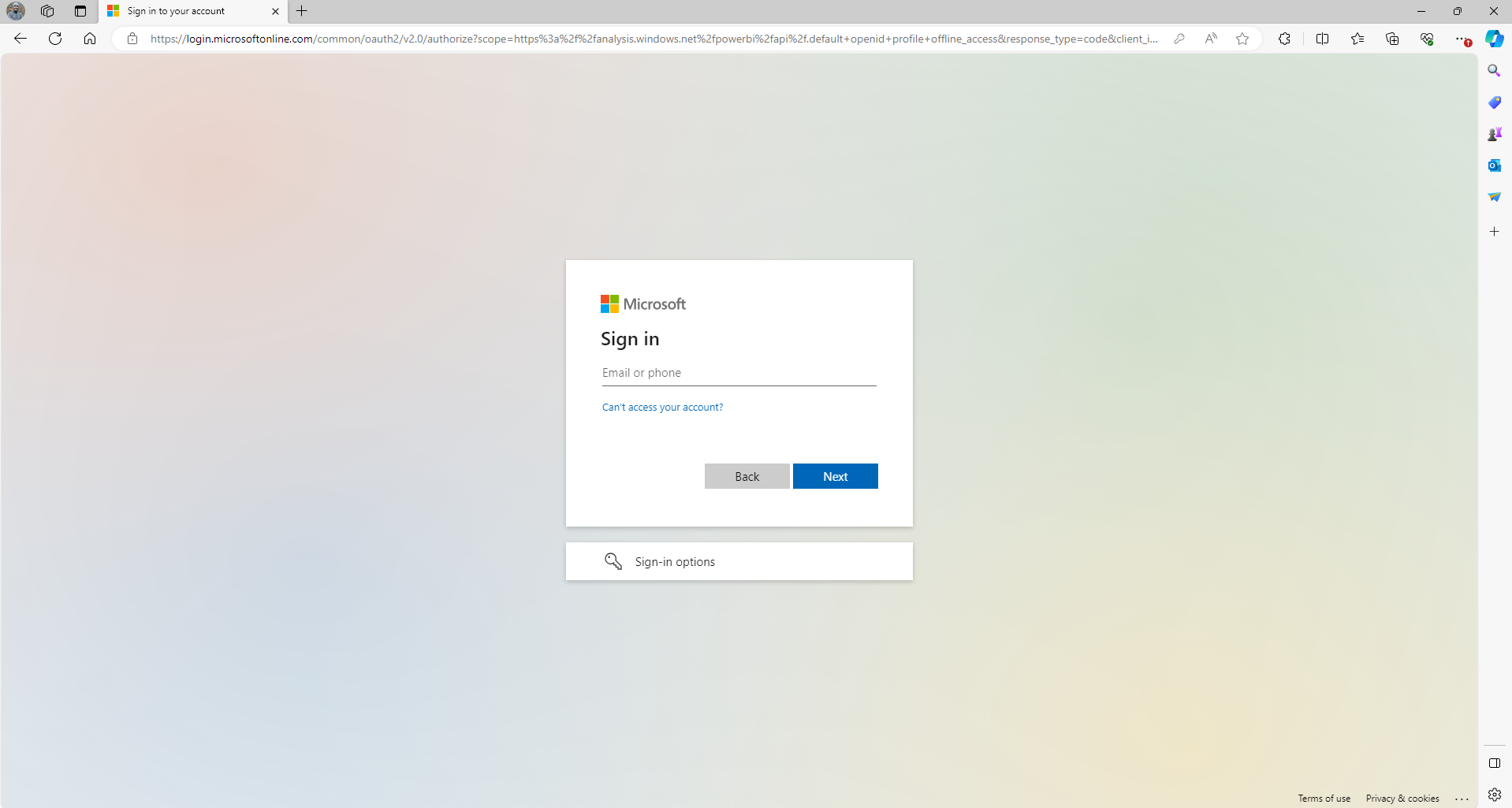 Screenshot of the Microsoft sign in page.