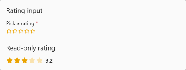 Screenshot shows an Adaptive Card with the input rating and read-only star ratings.