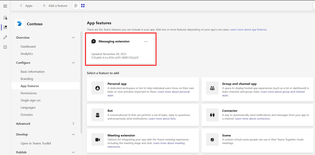 Screenshot shows the messaging extension created and listed in the App features page in Developer Portal for Teams.