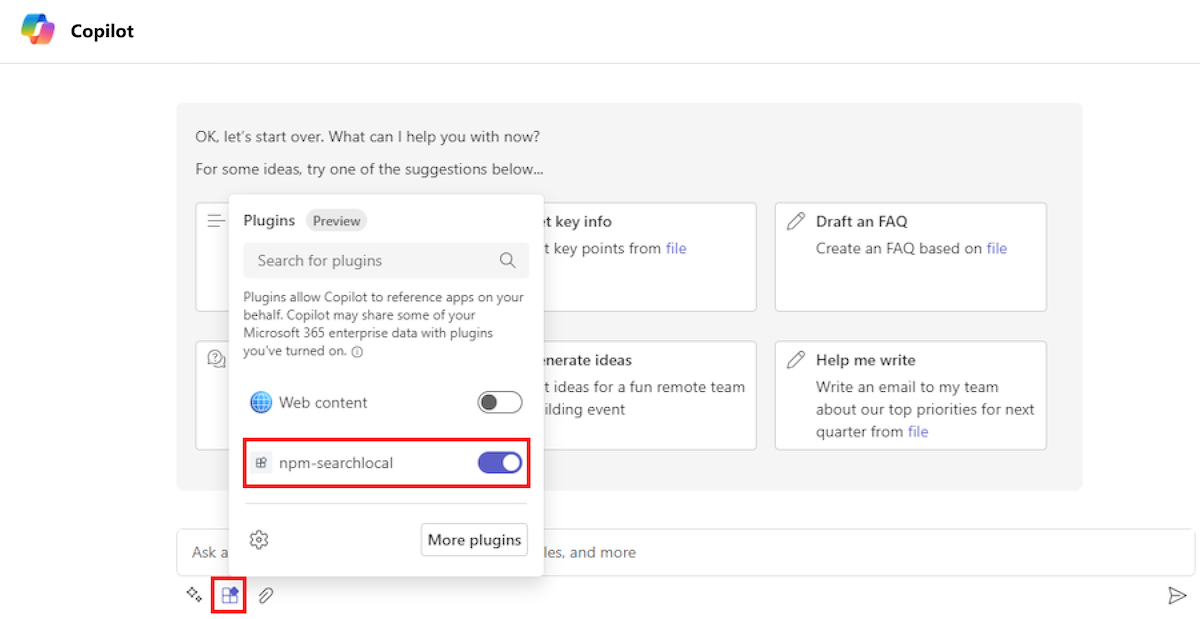 Screenshot shows the Plugin option, list of plugins, and the toggle enabled for bot-based-ME-test-local plugin.