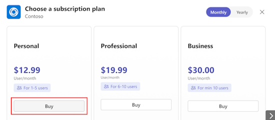 Screenshot shows the selection of appropriate subscription plan.