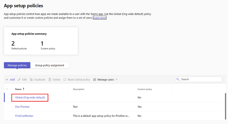 Screenshot of App setup policies with Global Org-wide default highlighted in red.