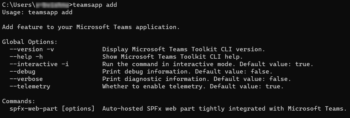 Screenshot shows the teamsapp add command.