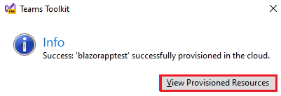 Screenshot of Teams Toolkit with View Provisioned Resources highlighted in red.
