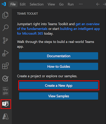 Screenshot shows the location of the Create New Project link in the Teams Toolkit sidebar.