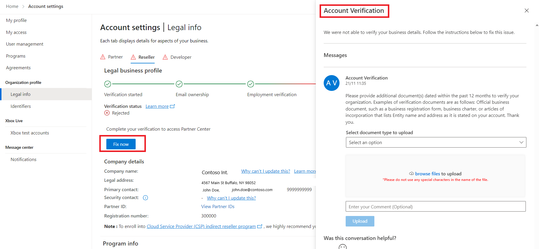 Screenshot that shows the Account settings | Legal Info window in Partner Center, with the Fix now and Account verification highlighted.