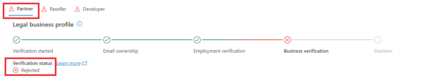 Screenshot that shows the Account settings | Legal Info window in Partner Center, with the Partner tab and verification status highlighted.