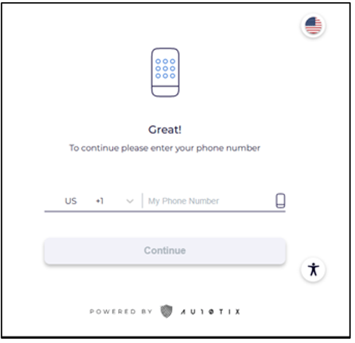 Screenshot that shows the AU10TIX page: Great! To continue, enter your phone number.