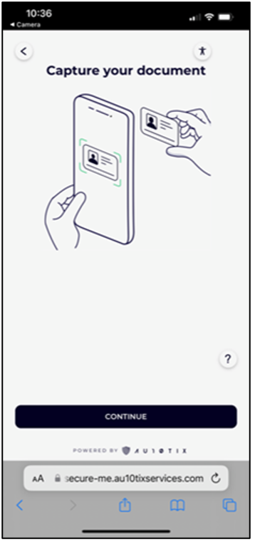 Screenshot that shows the AU10TIX page on a mobile device: Capture your document. An illustration shows a camera taking a picture of an ID card.