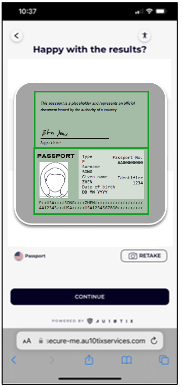 Screenshot that shows the AU10TIX page on a mobile device, a picture of the ID card, and the option to retake the photo.