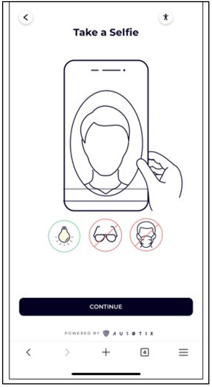 Screenshot that shows the AU10TIX page on a mobile device, with the text: Take a selfie. An illustration shows taking a picture of yourself.