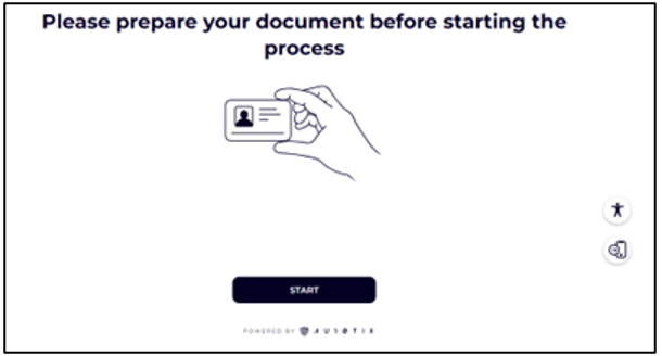 Screenshot that shows the AU10TIX page: Prepare your document before starting the process.