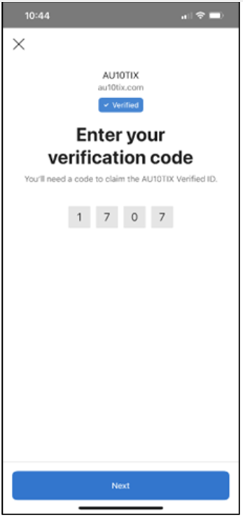 Screenshot that shows Microsoft Authenticator on a mobile device, with a spot to enter your verification code, and the Next button.