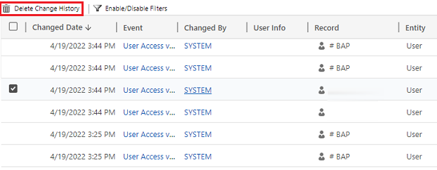 Select Delete Change History to delete all logs for the selected record.