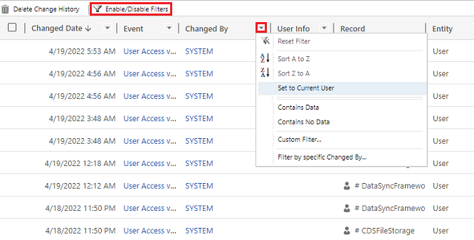 Select Enable/Disable Filters