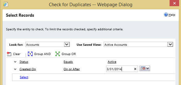 Screenshot of duplicate detection wizard, page 1.