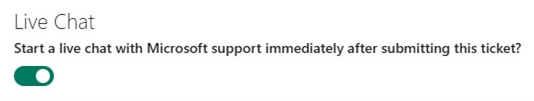 Screenshot that shows the Live Chat toggle to start a live chat immediately after submitting a ticket.