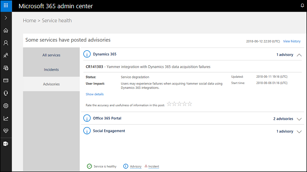 Microsoft 365 admin center service issue.