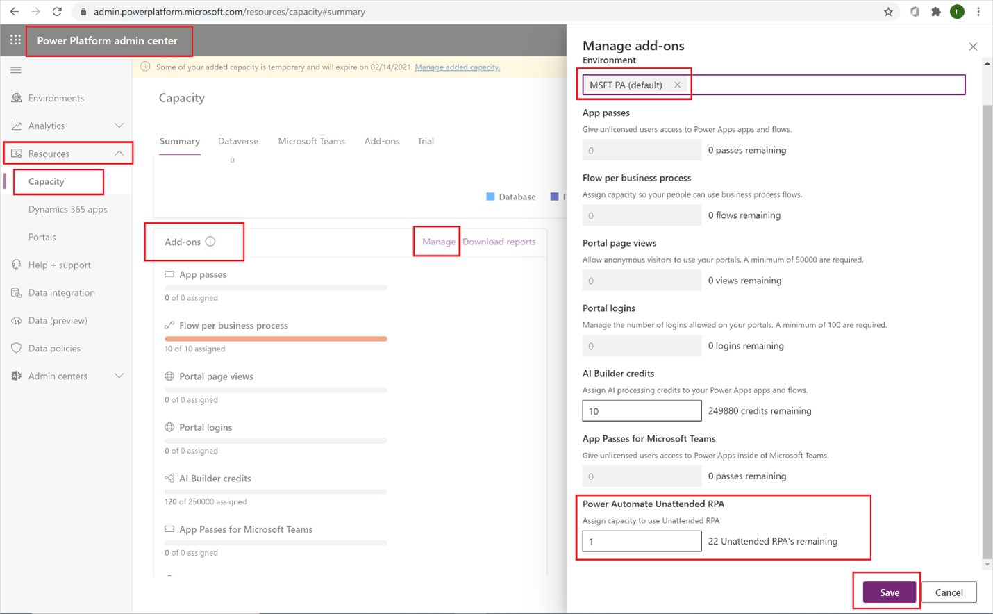 An image that displays how to assign unattended add-ons.