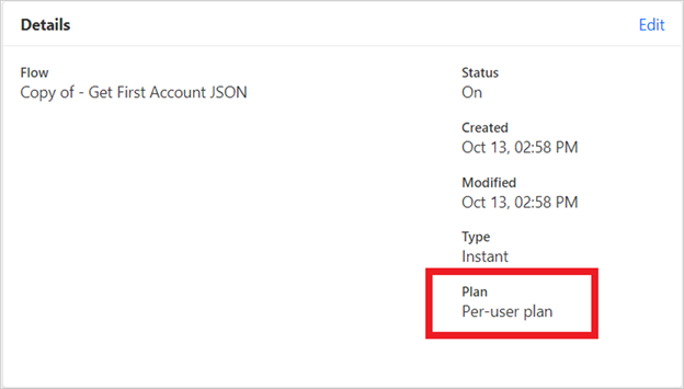 An image that displays that a flow uses per user plan by default.