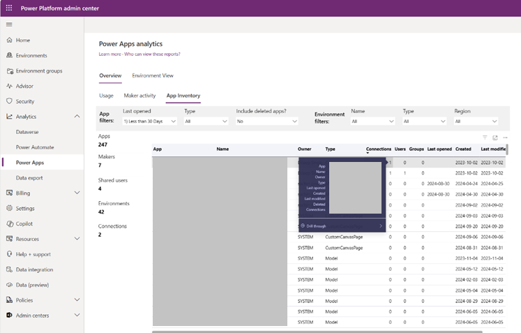 A screenshot of Power Apps Inventory report