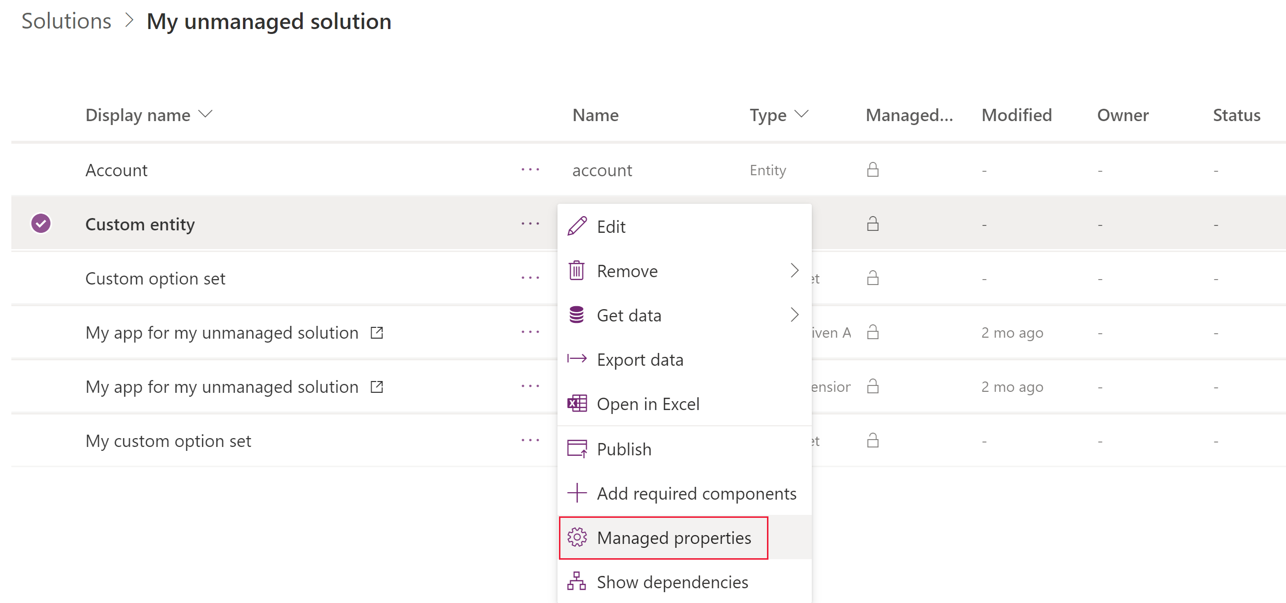 Table managed properties command.