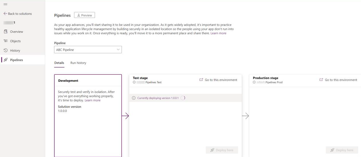 Screenshot of a Dev/Test/Production pipeline in Power Apps.