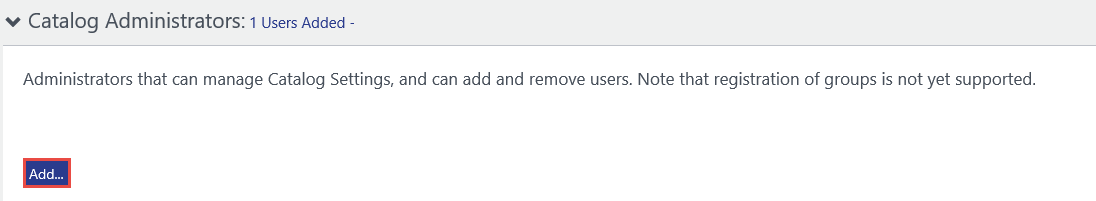Catalog Administrators expanded and the add button highlighted.