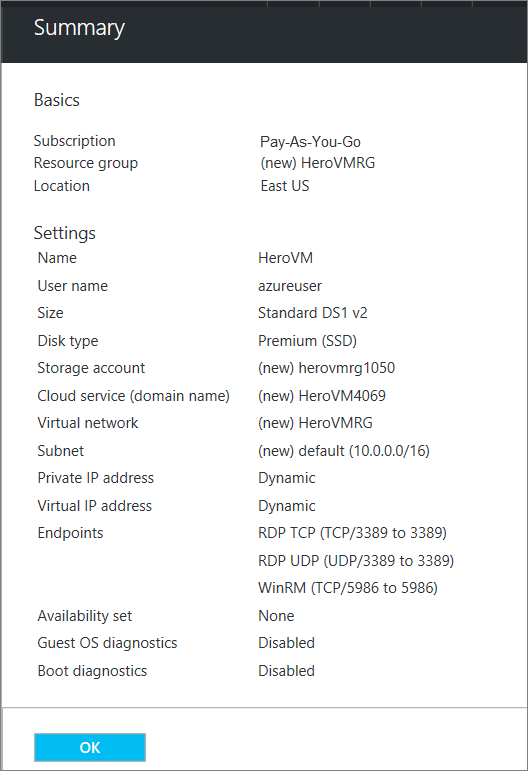 Summary blade report giving specified settings of the virtual machine