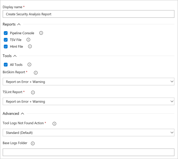 Configuring the Security Report build task