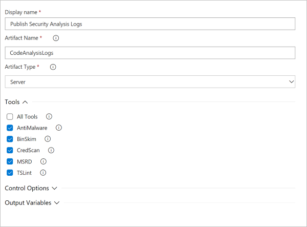 Configuring the Publish Security Analysis Logs build task