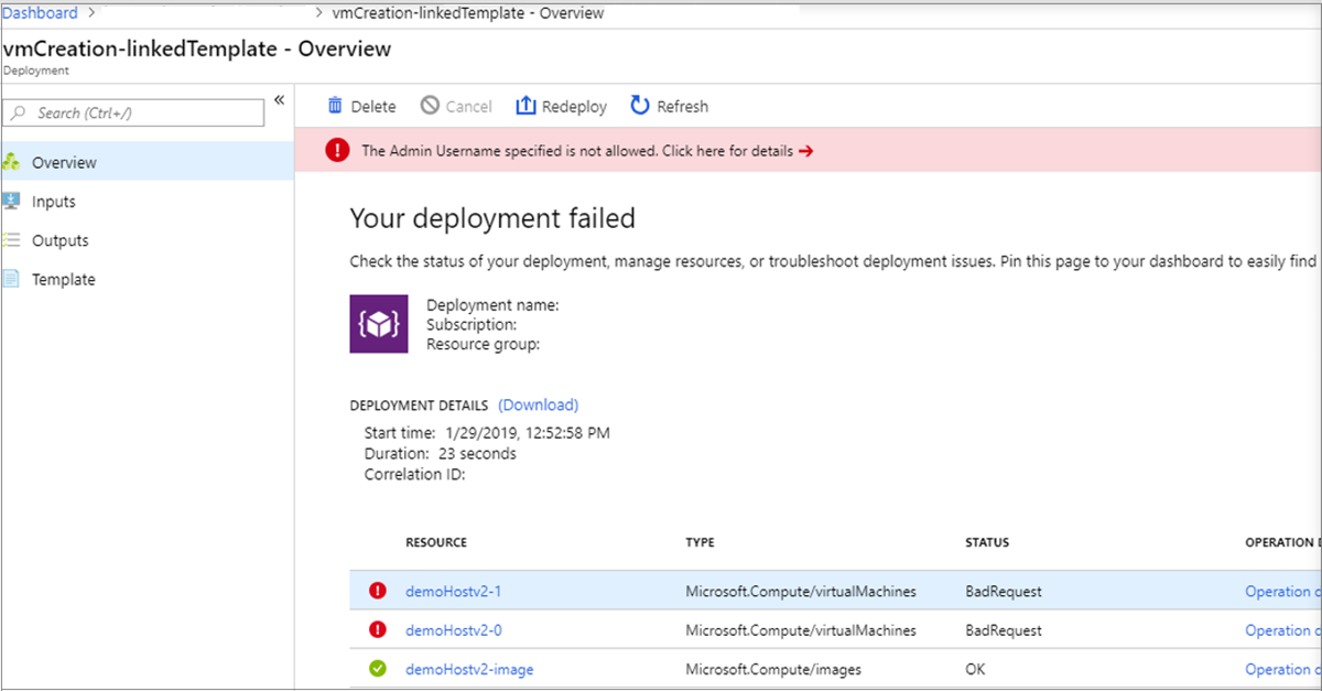 Screenshot of your deployment failed in which an admin specified isn't allowed.