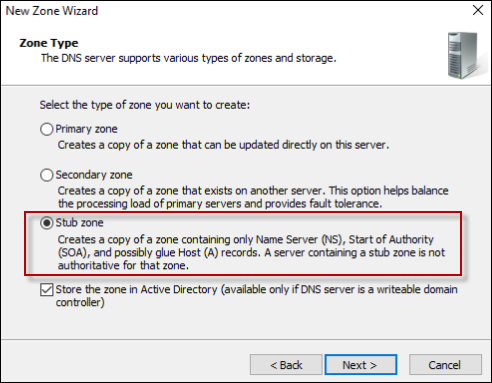Screenshot that highlights the Stub Zone option.